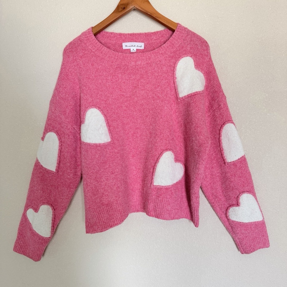 Threaded Leaf Pink Heart Sweater M Coquette Kawaii Soft Girl Y2K Balletcore